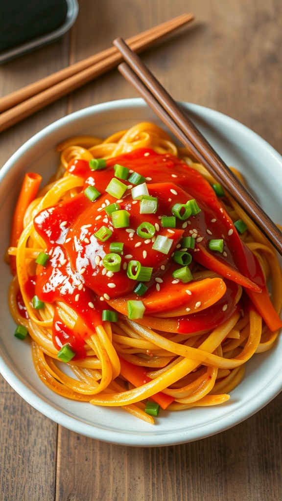 A colorful serving of spicy Korean potato noodles with vegetables, garnished with green onions and sesame seeds.